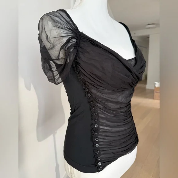Donna Karan Black Sheer Ruched Corset-Style Top - Picture 3 of 6